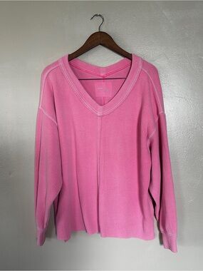 Aerie Oversized Waffle Knit V-Neck Long Sleeve Top Pink Size Small